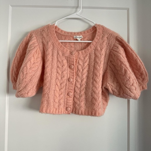 For Love and Lemons Billie Pink Cropped Short Sleeve Cardigan Womens Small - Picture 2 of 9